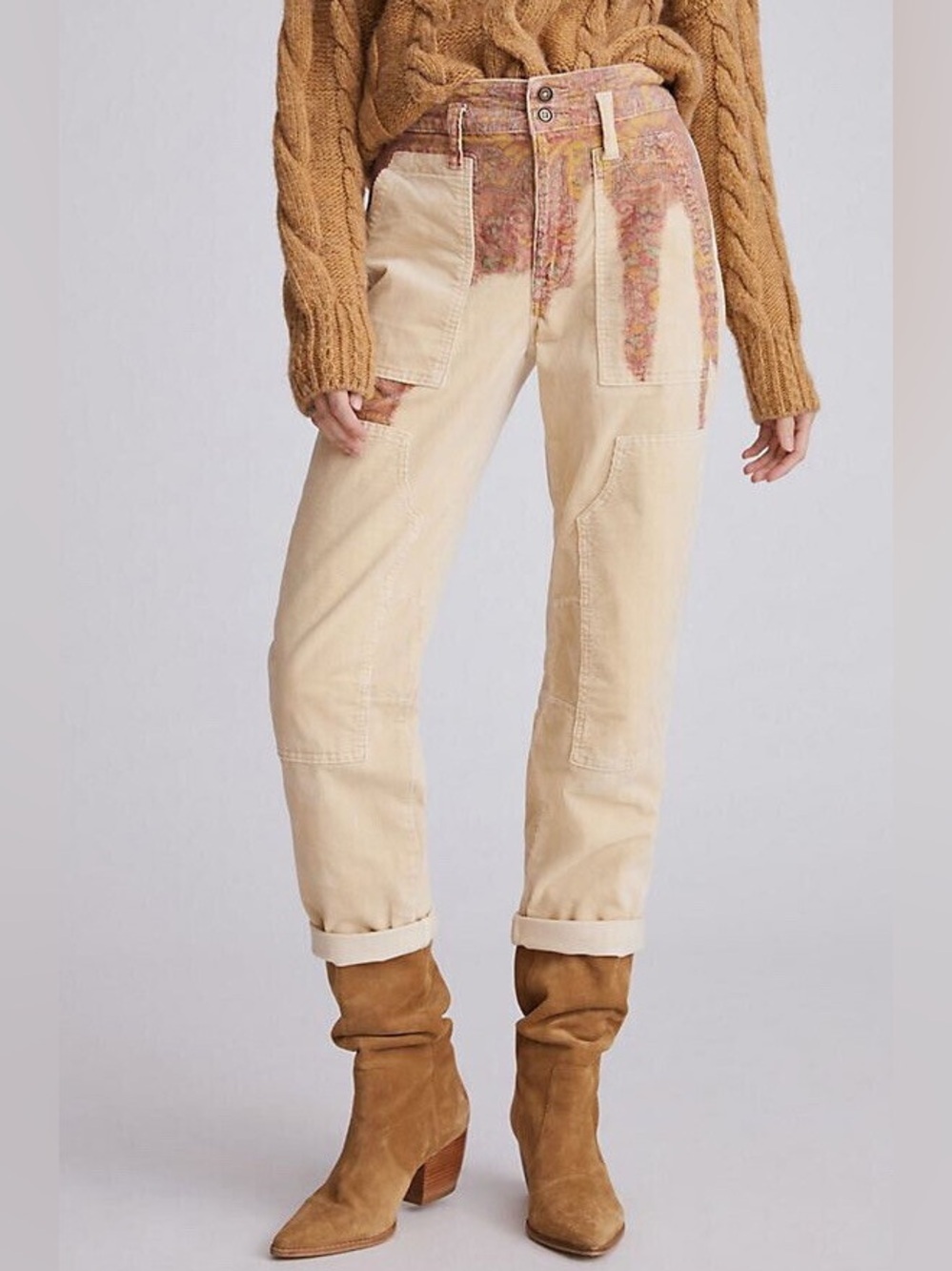 PILCRO Anthropologie The Wanderer Utility Corduroy Pants Cream Pink Paisley 29